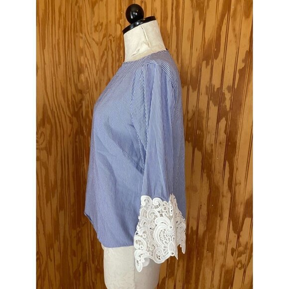 Zara Woman Pinstriped Top Crochet Lace Guipure Sleeve Blue Blouse Pullover XS - Picture 4 of 9